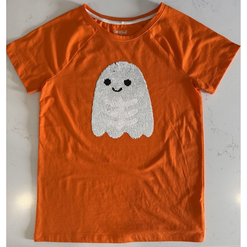 Cat & Jack Reverse Sequence Halloween Ghost Orange T-Shirt Size X-Large (14-16)